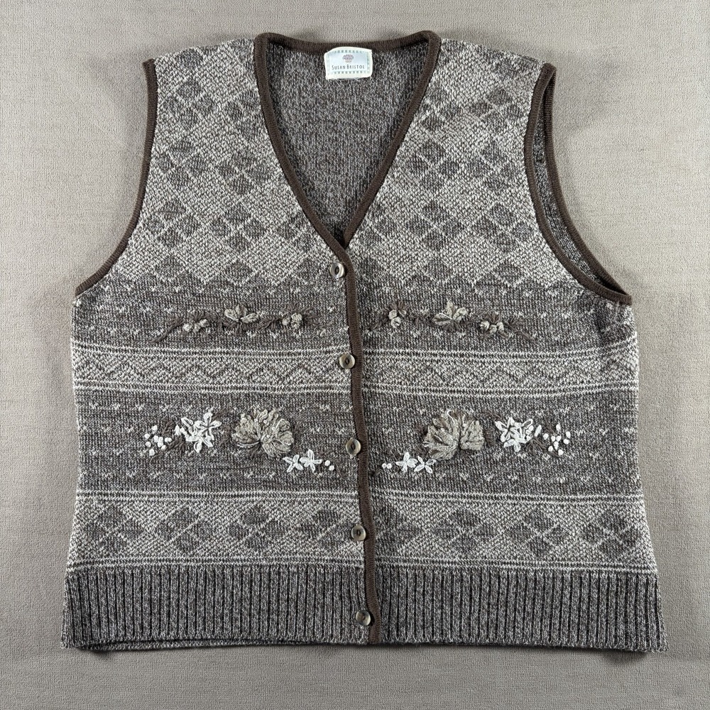 Susan‎ Bristol Vest Women's Large Beige Brown Floral Embroidered Wool Silk Blend